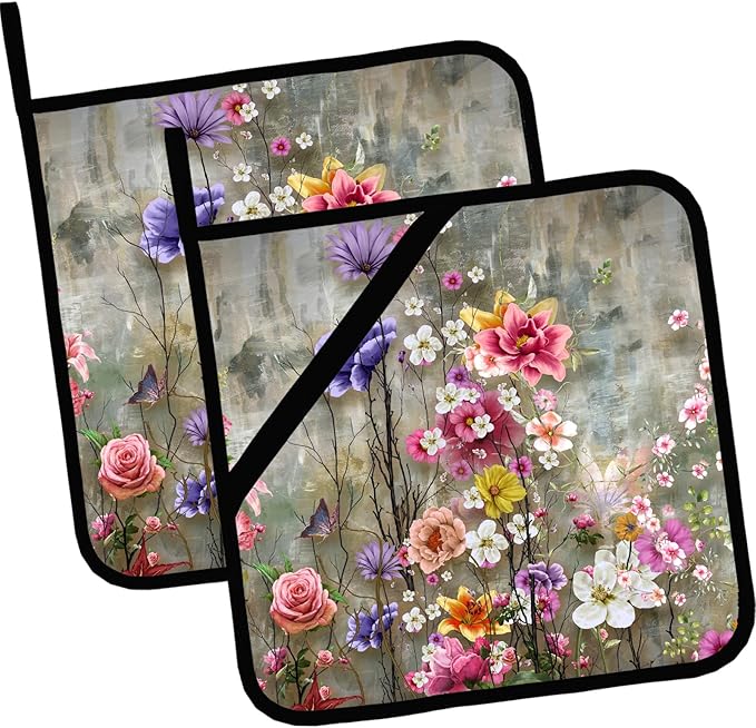 Vintage Watercolor Rose Flowers Pot Holders Set of 2,Kitchen Heat Resistant Potholder for Microwave Cooking Baking Oven and BBQ