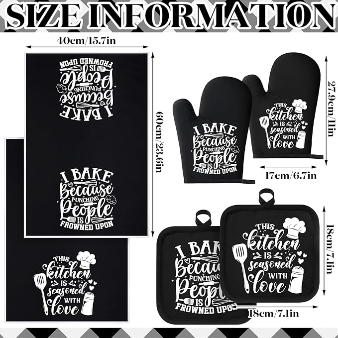 Sratte 6 Pcs Kitchen Decor Accessories Set Farmhouse Towels Pot Holders Oven Mitts Set 2 Dish Towels 2 Potholders 2 Cooking Mittens Oven Glove for Christmas Baking Cooking Supply(Black,Baking)