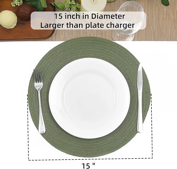 SHACOS Round Placemats Set of 8 Washable 15 inch Round Table Mats Cotton Polyester Woven Braided Place Mats for Dining Table Wedding Party Decor (Olive Green, 8)