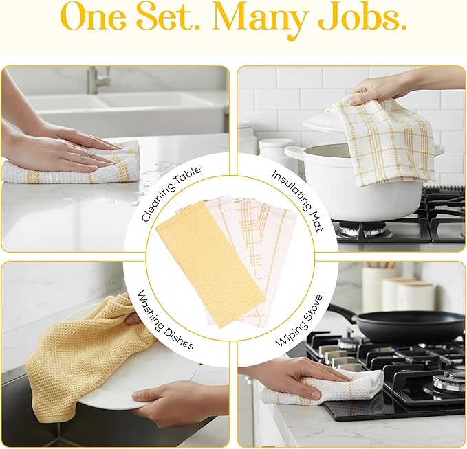 MosJos Kitchen Towels Set of 4 Dish Towels Yellow n White Waffle Weave Cotton Hand Towels, 18 x 28 Absorbent Kitchen Linens