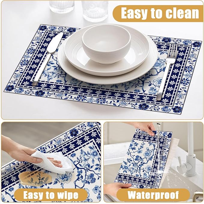 Blue White Floral Placemats Set of 6, Chinoiserie Flower Linen Place Mat Washable Stain Resistant Table Mats for Farmhouse Kitchen Dining 12x18 Inch