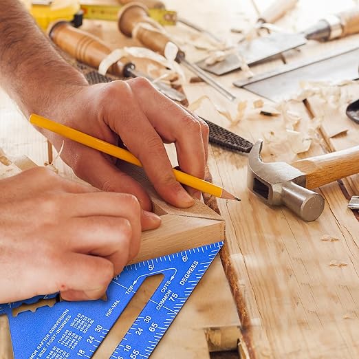 Beslands Carpenter Square 7 inch, Rafter Square Tool Metal Aluminum Alloy for Carpentry Layout Measuring Wood Square Triangle Right Angle 90 Degree Ruler Protractor Blue Imperial, Framing Square