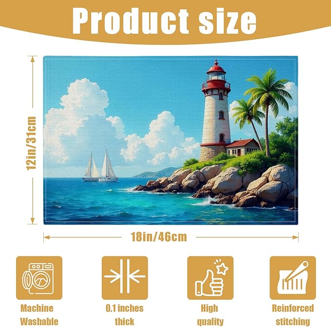 Lighthouse Placemats Set of 6, Nautical Theme Palm Linen Place Mat Washable Stain Resistant Table Mats for Farmhouse Kitchen Dining Party 12x18 Inch