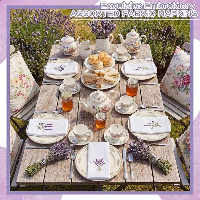 HunnmingRe 12 Pcs Spring Floral Cloth Napkins 100% Cotton Lavender Dinner Tea Party Napkins Embroidered Hand Towel Country French Reusable Washable for Dinner Kitchen Weddings Cocktail Party 17x17inch