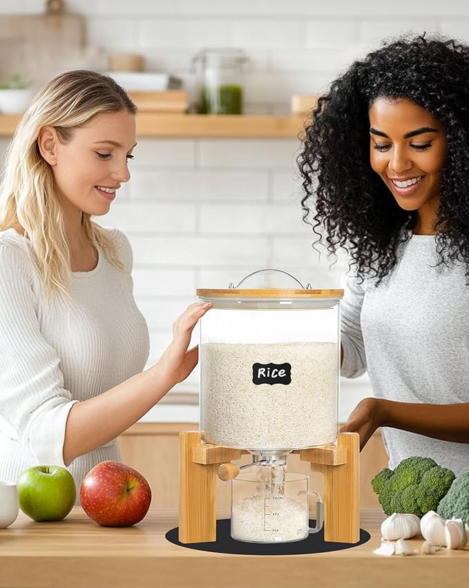 8-10 lbs Glass Rice Dispenser with Wooden Stand Flour and Cereal Container with Glass Measuring Cup & Labels & Slider mat Pantry Food Organization Storage Bin with Airtight Bamboo Lid, 5L