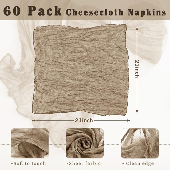 60 Pack Sand Cheesecloth Napkins 21x21 Inches Sand Cloth Napkins Set of 60 Washable Dinner Table Napkins for Wedding Rustic Boho Cotton Gauze Party Bridal Baby Shower Family Gathering Table Decor