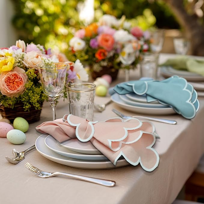 COTTON CRAFT Easter Cloth Napkins - Set of 8 Soft 100% Cotton Assorted Elegant Scalloped Table Napkin - 2 Each in Pink, Aqua, Yellow, Green – Spring Summer Lunch Dinner Serviettes - Multicolor - 17x17