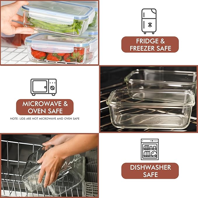 Razab 16 Pc (Set of 8) 30 Oz Glass Meal Prep Containers with Lids, Airtight Large Glass Food Storage Containers, Reusable Leak Proof BPA Free, Freezer to Oven and Dishwasher Safe