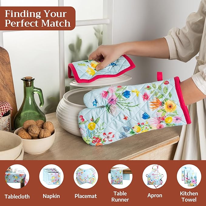 Maison d' Hermine Pot Holders 100% Cotton Heat Resistant Potholders 8" x 8" Hot Pads with Loop BBQ Cooking Gifts for Mothers Day Handling Hot Pans Spring/Summer (Pack of 2, Jardin D'Ete - Mint)