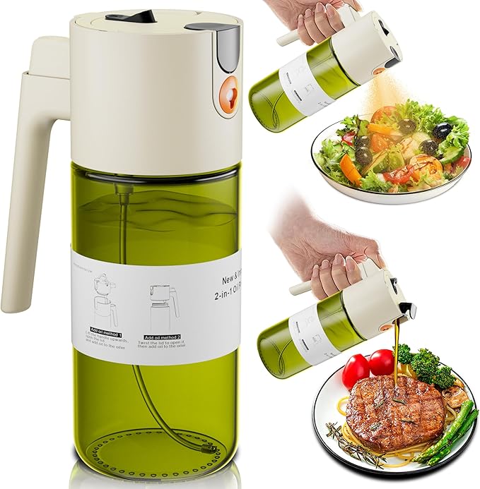LUKUMIQI 2 in 1 Oil Sprayer for Cooking, 17oz Light-Blocking Glass Spray Bottle with Stickers, Oil Dispenser for Salad, Air Fryer & BBQ