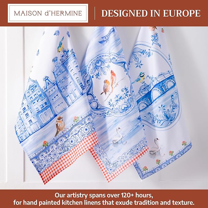 Maison d' Hermine Kitchen Towels Set of 3 100% Cotton 27.50" x 20" Reusable Cloth Tea Dish Towels Absorbent with Hanging Loop for Kitchen Gifts for Mothers Day Spring/Summer (Amsterdam Canals)