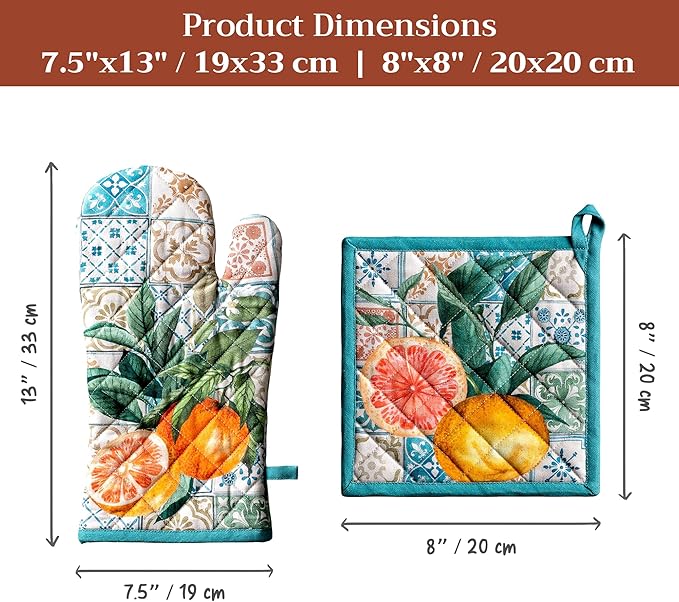 Maison d' Hermine 100% Cotton Oven Mitt & Pot Holder Set (7.5"x13" & 8"x8") Heat Resistant BBQ Cooking Gloves with Loop Baking Grilling Kitchen Gifts for Mothers Day Spring/Summer (Agrume)