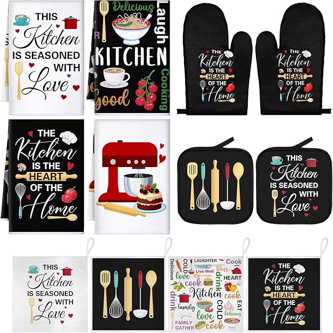 12 Pcs Farmhouse Kitchen Decoration Set 4 Funny Quote Black Kitchen Towels 4 Absorbent Dishcloths 2 Pot Holders 2 Oven Mitts Gloves for Home Decorations Mom Gifts