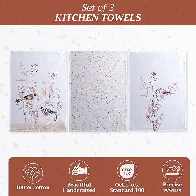 Maison d' Hermine Kitchen Towels Set of 3 100% Cotton 27.50" x 20" Reusable Cloth Dish Towels Absorbent with Hanging Loop for Kitchen Gifts for Mothers Day Spring/Summer (Meadow Florals - Brown)