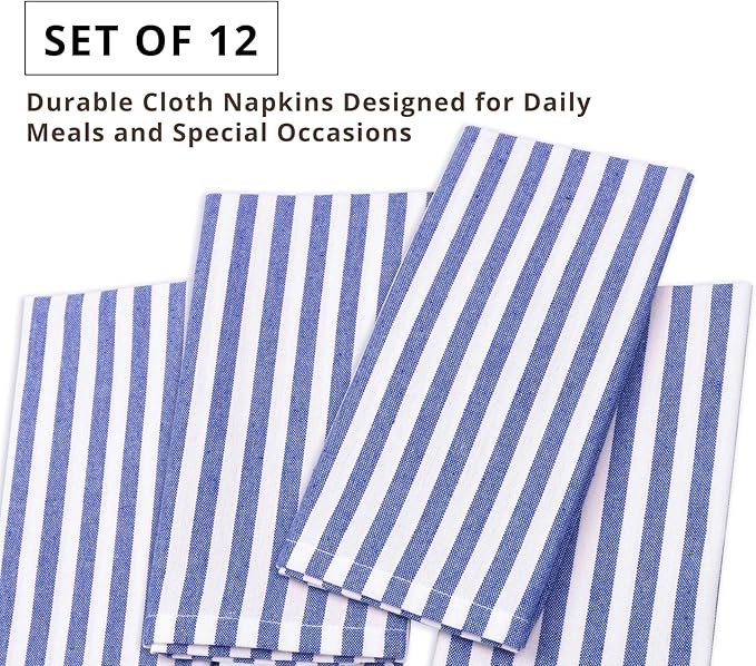 PurpleEssences Plain Striped Cloth Napkins - Set of 12-100% Cotton - 18 x 18 Inch - Spring Easter Summer and Perfect Everyday Use Dinner Napkin - Blue and White