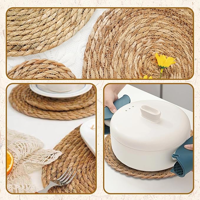 Niviy Round Woven Placemats Set of 6, with 72 Inches Long Farmhouse Macrame Table Runner Burlap Cotton Linen Table Runners Chargers for Dinner Plates, Beige & Brown