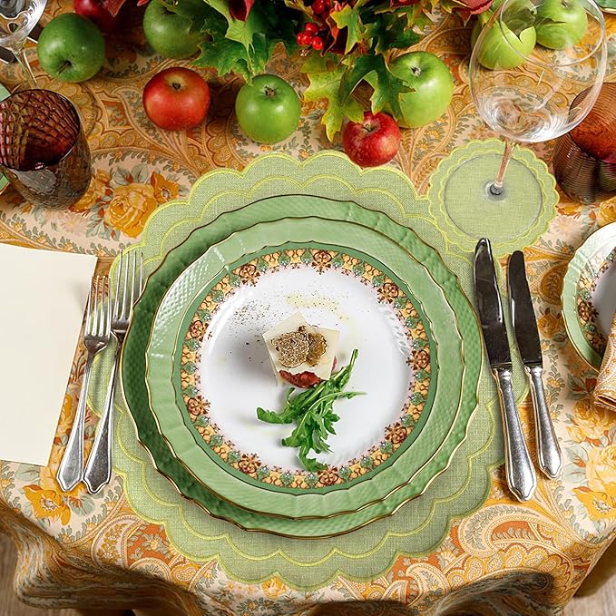 Set of 8 Cotton Linen Placemats Coaster, 15" Scalloped Embroidery Heat Resistant Placemats, 4.7" Kitchen Coaster, Double Layered Machine Washable Table Mat Set Rustic Dinner Table Decoration (Green)
