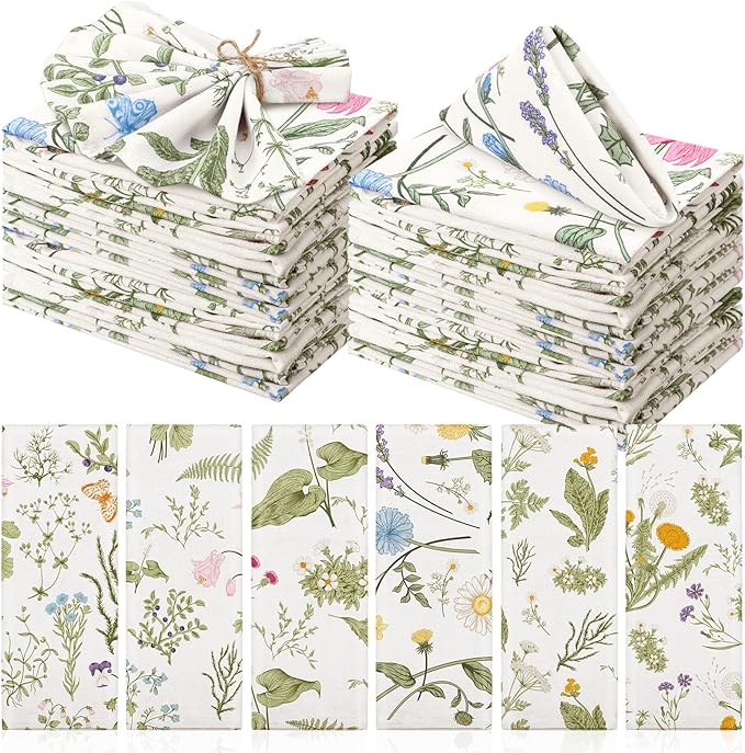 Funnymoom 36 Pcs Herbs and Wild Flowers Cloth Napkins Floral Plants Reusable Napkins Country French Toile Dinner Soft Absorbent for Summer Holiday Party