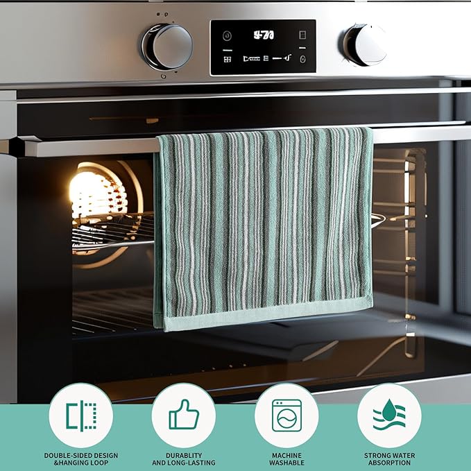 SALAS Premium Cotton Kitchen Dish Towels for Drying Dishes,Large Long Kitchen Hand Towels, Thick Highly Absorbent Dish Clothes Tea Towel Sets with Hanging Loop, 16" X 26", 4 Pcs, Green