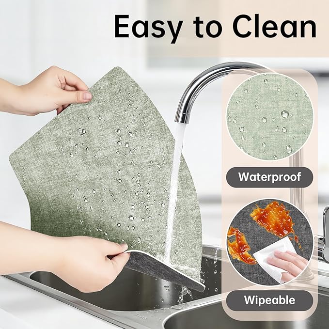 Round Table Placemats Set of 6, Dual-Sided Wedge Shape Faux Leather Table Mats, Washable Wipeable Heat Resistant Place Mats for Outdoor Indoor, Green Gray