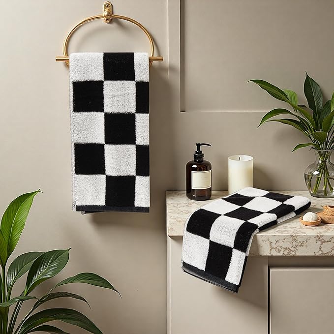 Madi-Cadi 100% Cotton Checkerboard Towels Set of 2, Farmhouse Kitchen & Guest Bathroom Towels, 13 x 29 Inches, Highly Absorbent Lint-Free Dish & Hand Towels with Double-Stitched Hems(Black)
