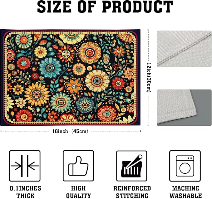 Boho Florals Placemat Set of 4 Colorful Flower Linen Place Mat for Home Decor