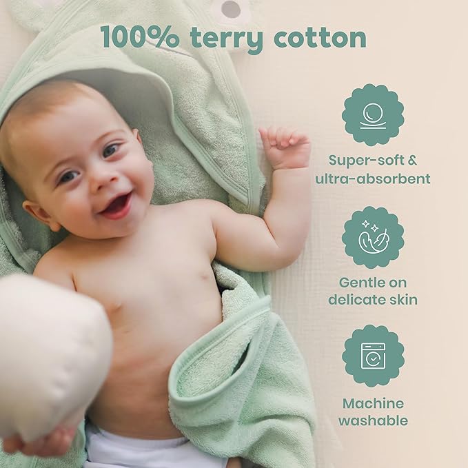 CuddleBug Premium Hooded Baby Bath Towel & Washcloth Set (Bear) - 100% Cotton Terrycloth Hooded Baby Towels for Newborn & Toddler - Super-Soft & Absorbent, Newborn Essentials (33" x 33") - Sage Green