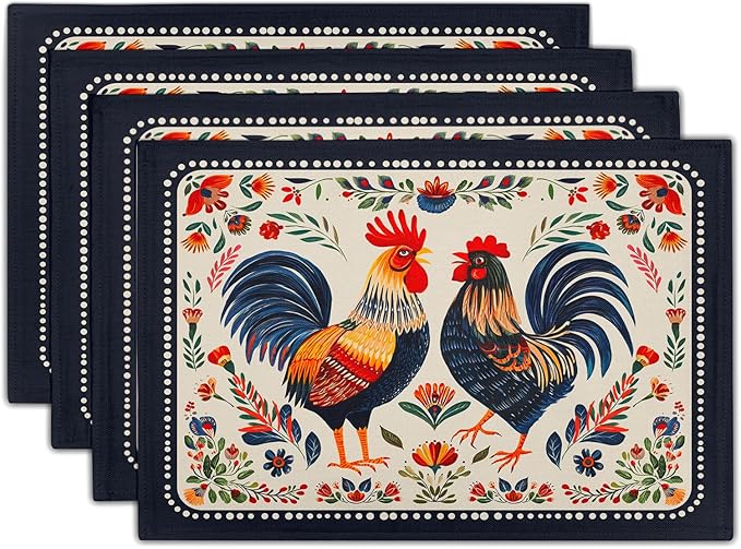 Vintage Rooster Placemats Set Farmhouse Chicken Linen Table Mat Washable Place Mats for Dining Kitchen Party Decor