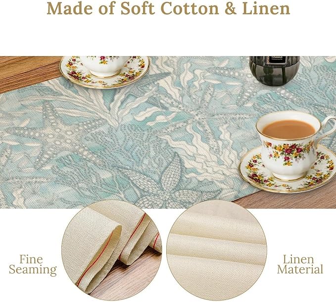 Nautical Table Runner Beach Sea Starfish Coral Art Printed Runner for Home Kitchen Dining Table Living Room Decor Fabric 1 Panel W13xL120in