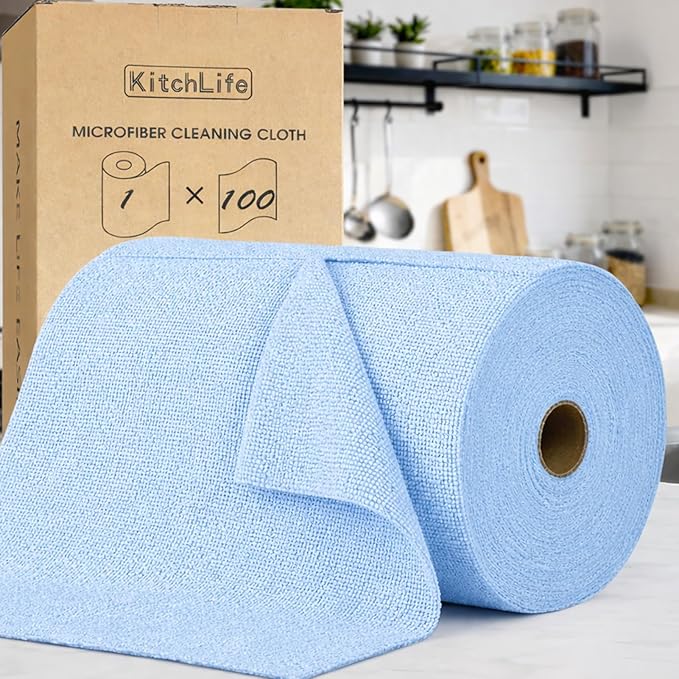 KitchLife Microfiber Cleaning Cloth Roll, 200 Pack - Tear-Away Microfiber Paper Towels, Lint-Free, Reusable, Washable for Kitchen, Car, Dishes, and Sensitive Surfaces (Blue)
