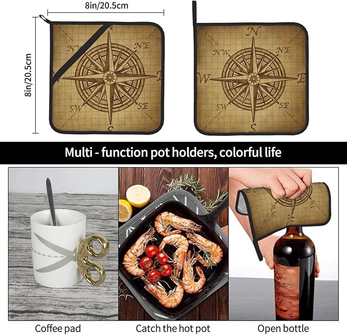 Pot Holders 2PCS Return Compass,Vintage Compass Rose Pot Holder, Art Brown Kitchen for Cooking Baking BBQ Grilling