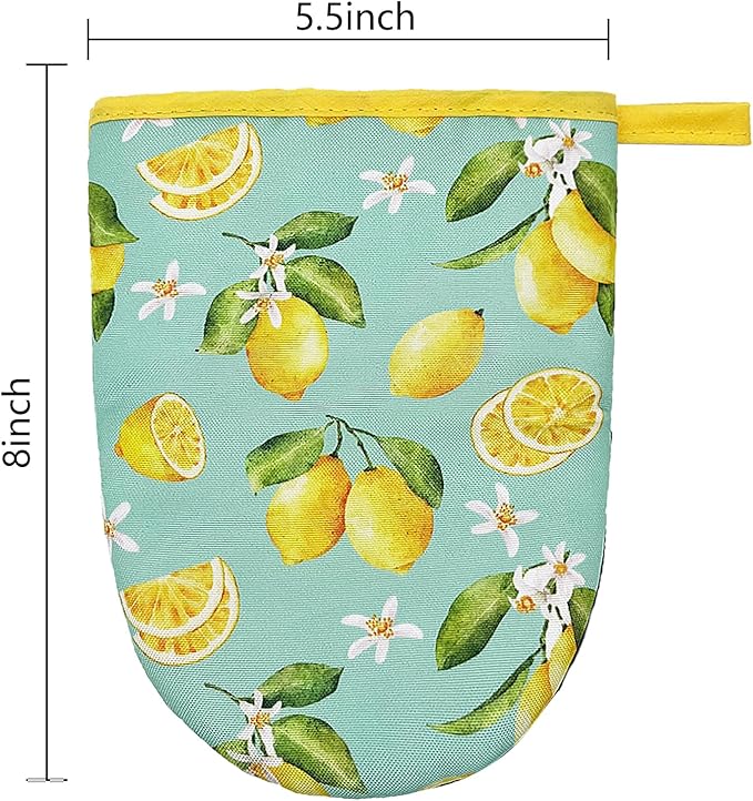 Lemon Mini Silicone Oven Mitts 2-Pack Set, Heat Slip Resistant Kitchen Gloves, Soft Short Oven Mittens for Safe Cooking Baking Grilling