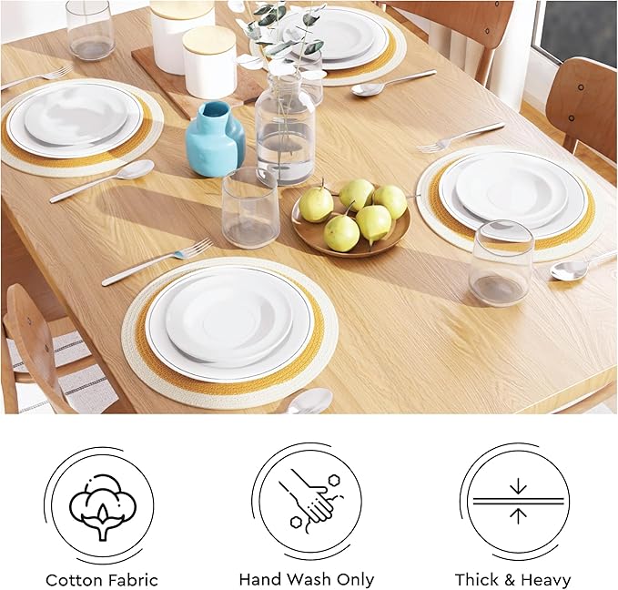 Encasa XO Dining Placemats Set of 6 | Cotton Round Table Mat - 13 in Diameter | Yellow & Off White | Handmade Rib Style Chargers for Dinner Plates