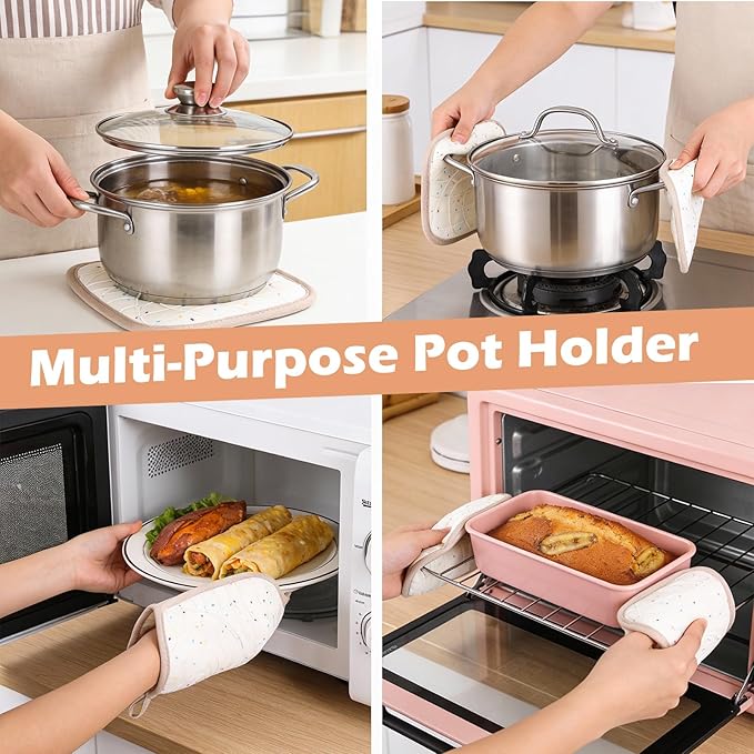 10 Pcs Kitchen Oven Mitts and Potholders Set with Hook and Oil Brush, Cooking Mittens Heat Resistant 500°F Silicone Oven Mittens for Kitchen Baking Cooking BBQ (Cream)