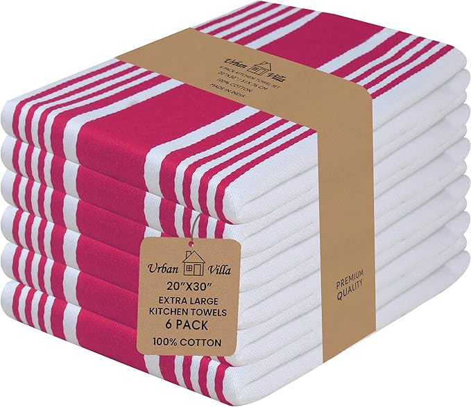 Urban Villa Kitchen Towels 100% Cotton Dish Towels for Kitchen(Set of 6)20”x30” Dish Cloths Highly Absorbent Kitchen Linen Set with Hanging Loop Perfect for Drying Dishes Cleaning Towels-Fuchsia White