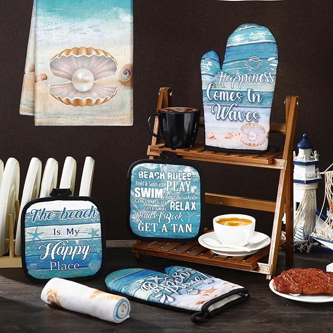 6 Pcs Summer Beach Kitchen Towels Pot Holders and Oven Mitts Set Include Coastal Dish Towel Beachy Rustic Oven Gloves Heat Resistant Potholders for Christmas Kitchen Gift