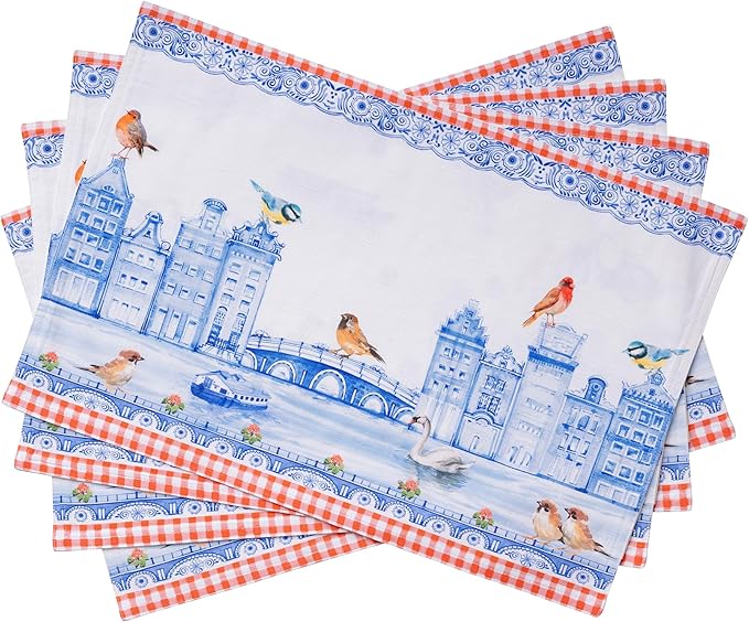 Maison d' Hermine Placemats Set of 4 100% Cotton Washable Cloth Place Mats Reusable Table Mats for Kitchen Dining Party Wedding Gifts for Mothers Day Spring/Summer (Amsterdam Canals, 13" x 19")