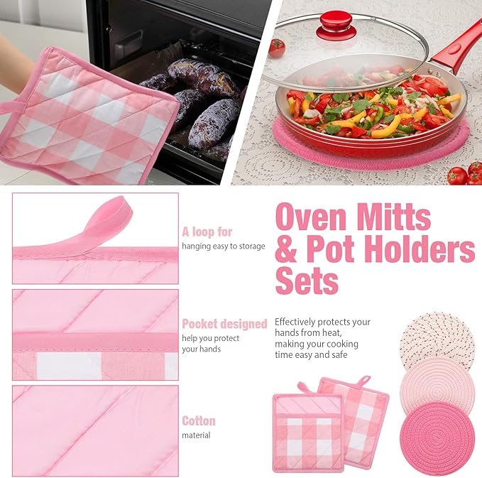 Pink Oven Mitts and Pot Holders 7 Sets, Heat Resistant Kitchen Gloves Pads Potholders for Women Gifts Pot Holders Kitchen Accessories Gift(Pink White,Cotton,Plaid)