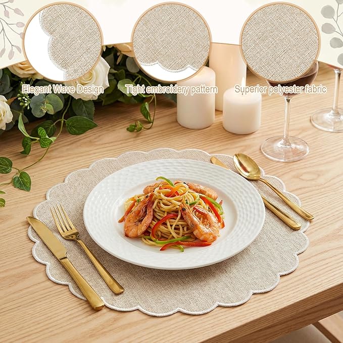 Set of 6 Round Placemats 15 Inch Cotton Scalloped Embroidery Placemat Washable Double Layered Rustic Dinner Table Mat Decor Fabric for Hotel Restaurant Kitchen (Beige/White,Classic)