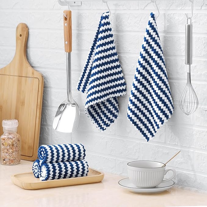 Homaxy 18 Pack Kitchen Dish Cloths, Ultra Soft and Absorbent Dish Towels, Reusable Fast Drying Microfiber Cleaning Cloth, Coral Velvet Wave Design No-lint, 10 x 10 inches, Navy Blue