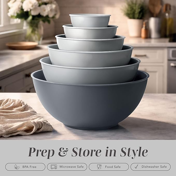 COOK WITH COLOR Mixing Bowls Set with TPR Lids - 12 Piece Plastic Nesting Bowls Set includes 6 Prep Bowls and 6 Lids, Microwave Safe (Grey)