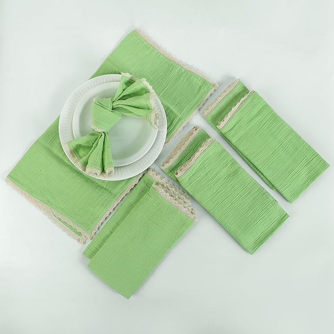 Fingercraft Dinner Cloth Napkin Cotton Muslin Double Gauze 4 Pack with Classic Lace for Everyday Use, Wedding, Party, Christmas, Easter Napkins Cloth are Pre Shrunk and Good Absorbency Lettuce Green
