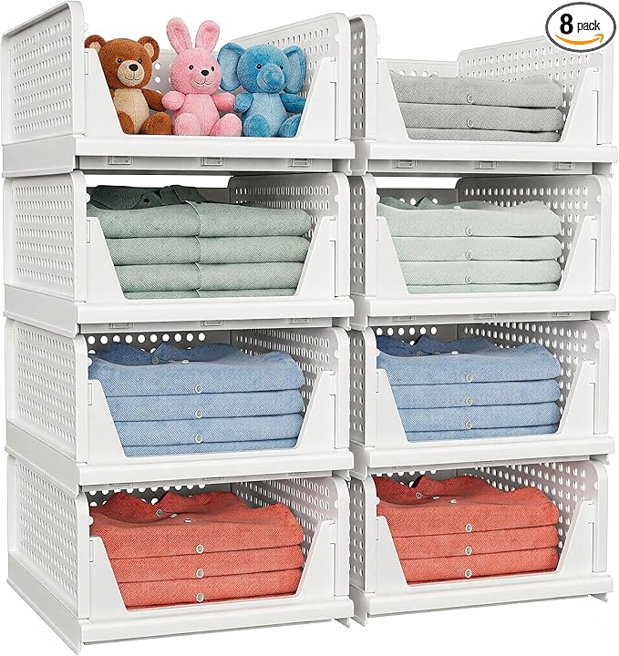 8 Pack Stackable Closet Storage Basket - Stackable Storage Bins, Multifunctional & Foldable Closet Organizer Waterproof, Wardrobe Cupboard Space-Saving Hat Storage Drawer Organizer, White