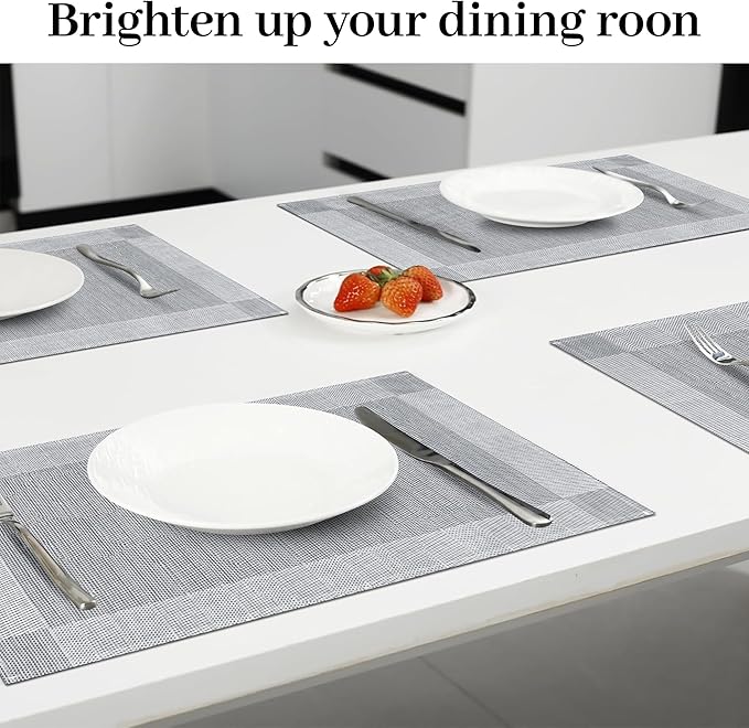 Bloss Placemats Set of 6, Linen Woven Place Mats for Kitchen Table Indoor/Outdoor, 11.8" x 17.7" Washable Silver Gray Placemat Dining Table Mats