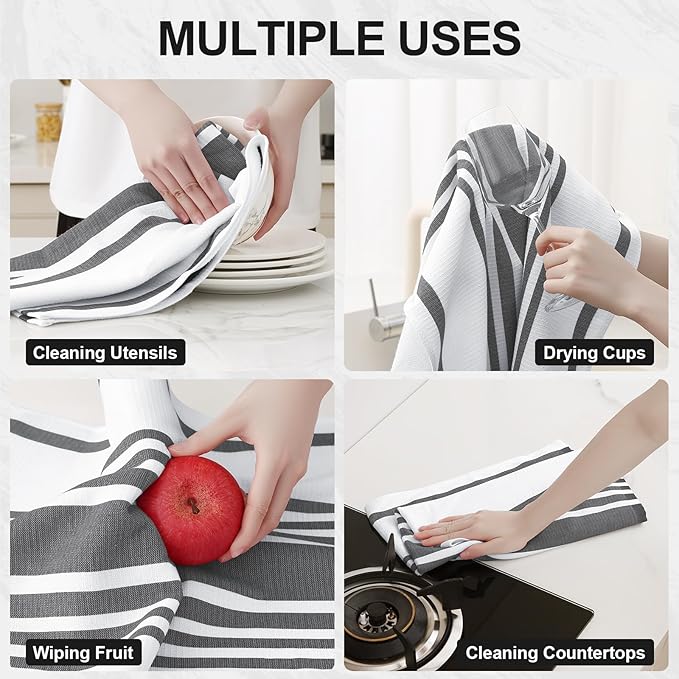 Homaxy Premium Kitchen Towels 18”x 28”, Large Cotton 380 GSM Kitchen Hand Towels, Stripe and Terry Dish Towel, Highly Absorbent Tea Towel Set with Hanging Loop, 12 Pack, Black