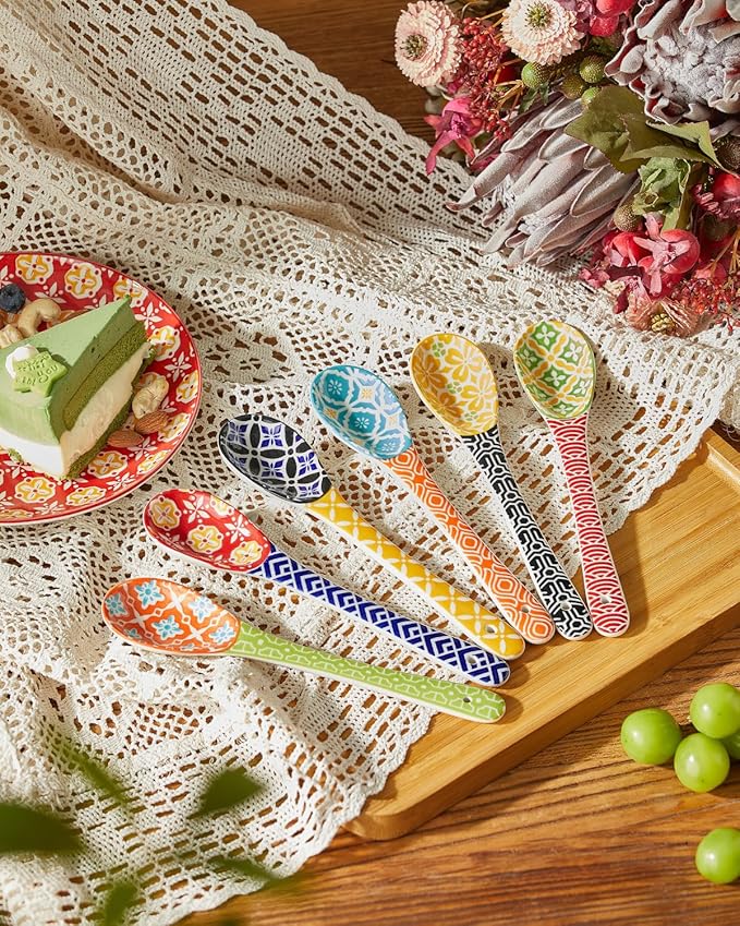 Metahom Long Handle Spoons, 8.5" Ceramic Serving Spoon for Cereal, Soups, Stews, Ice Cream, Colorful Decorative Spoons, Dishwasher & Microwave Safe, Assorted Colors, Set of 6