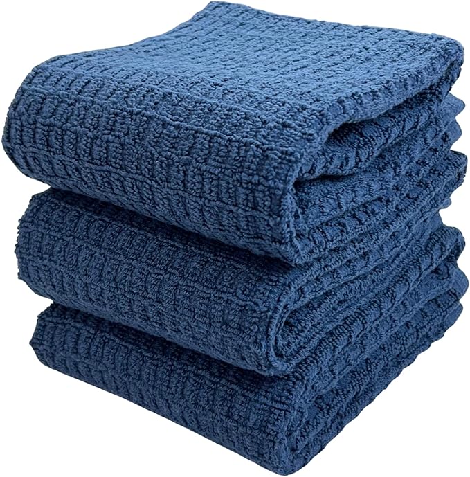 Serafina Home Waffle Blue Kitchen Dish Towels 100% Cotton Cloth Soft Cleaning Drying Absorbent Terry Box Loop: Set of 3 Multipurpose for Everyday Use, 18" x 28" (Blue Box)