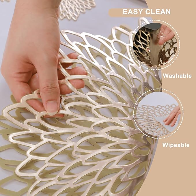 Snowkingdom 6 Pack Gold Placemats Metallic Pressed Vinyl Round Leaf Plastic Dinning Table Place Mats Fancy Decorative for Wedding Christmas Thanksgiving Holiday Spring Outdoor