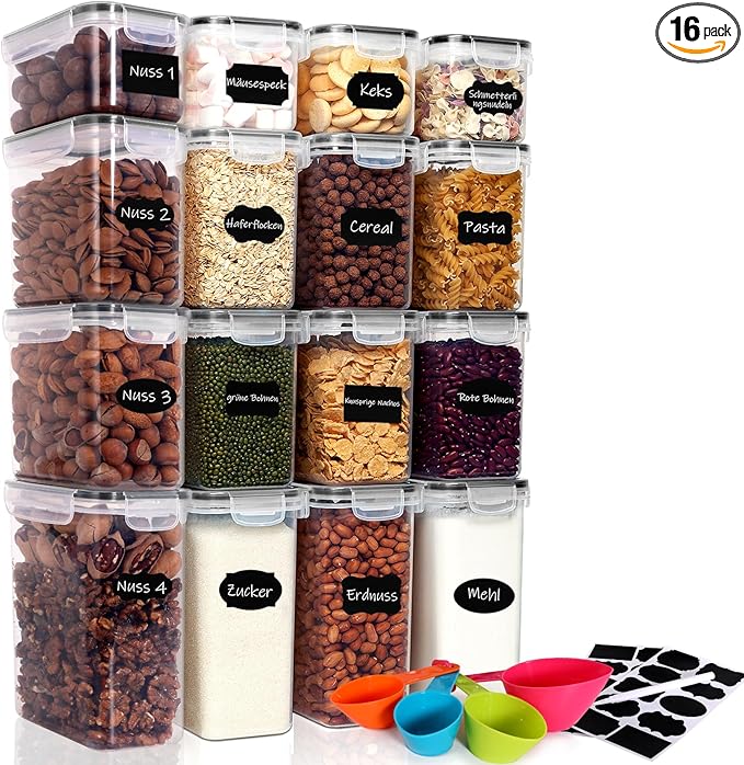 Cereal Containers Storage Set, 16 PCS Airtight Food Storage Container with Lids, BPA-Free Plastic Storage Containers for Cereal Rice Flour Sugar Dry Food (27.1/47.4/67.6 fl oz/16 Pcs)