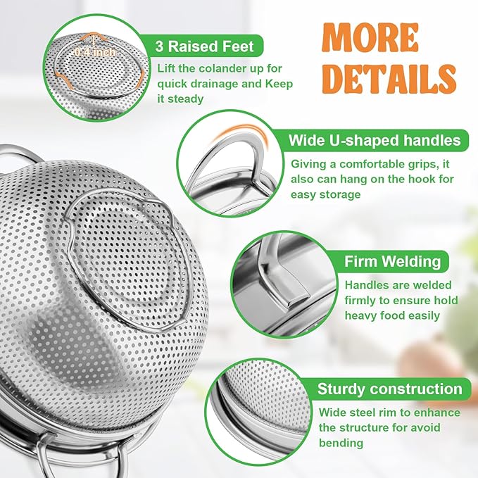 P&P CHEF Colander Strainer Stainless Steel 3 Quart, Metal Micro-Perforated Colander for Kitchen Food, Ideal for Rinsing Washing Draining, Dishwasher Safe, Shiny Silver, 2PCS